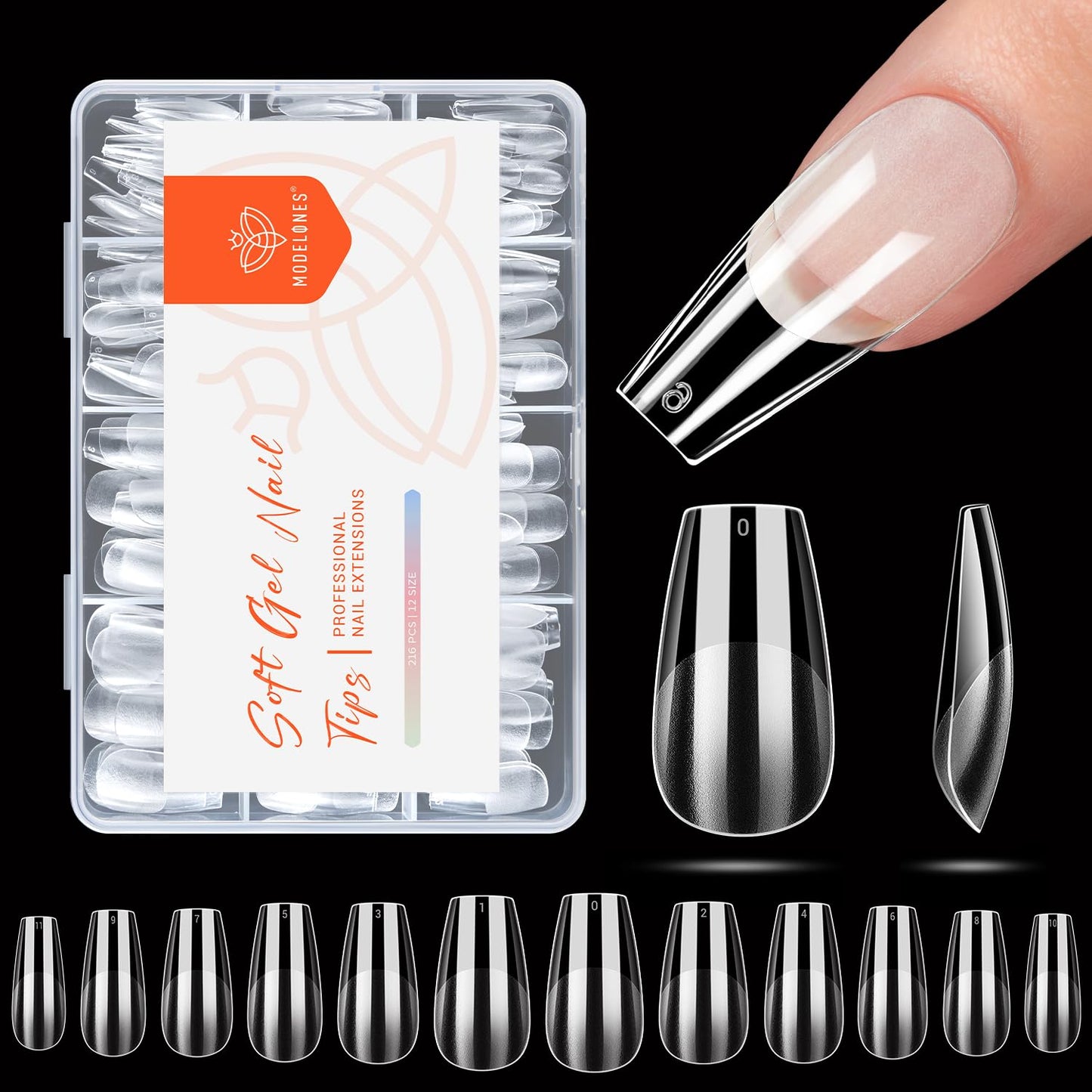 modelones Medium Coffin Nail Tips, Pre-shaped Soft Gel Tips Fake Nails False Acrylic Clear Full Cover Press on Extension Kit Gel Manicure DIY at Home 216PCS 12Sizes