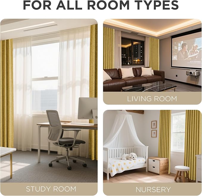 Joydeco Linen Blackout Curtains for Bedroom - 100% Light Blocking 1 Panels, Yellow Drapes 100" W x 90" L, Thermal Insulated Room Darkening Curtains for Living Room, Rod Pocket & Back Tabs