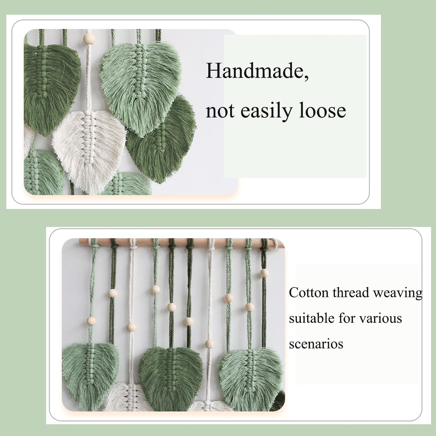 MSFENG Wall Hanging Decor Leaves Tapestry Boho Wall Decor Woven Feather Handmade Yarn Tassels Woven Wall Art Decorations for Nursery, Bedroom, Living Room, Apartment Home Backdrop (LightGreen)
