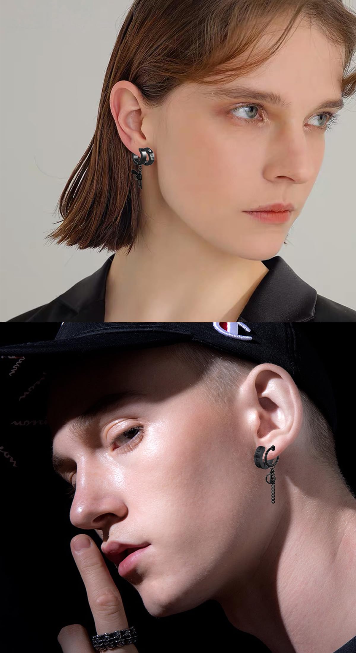 14 Pcs Black Gothic Viking Non Pierced Cross Sword Spike Awl Peace Dangle Chain Clip on Hoop Earrings Set for Unisex Fake Piercing CZ Earrings