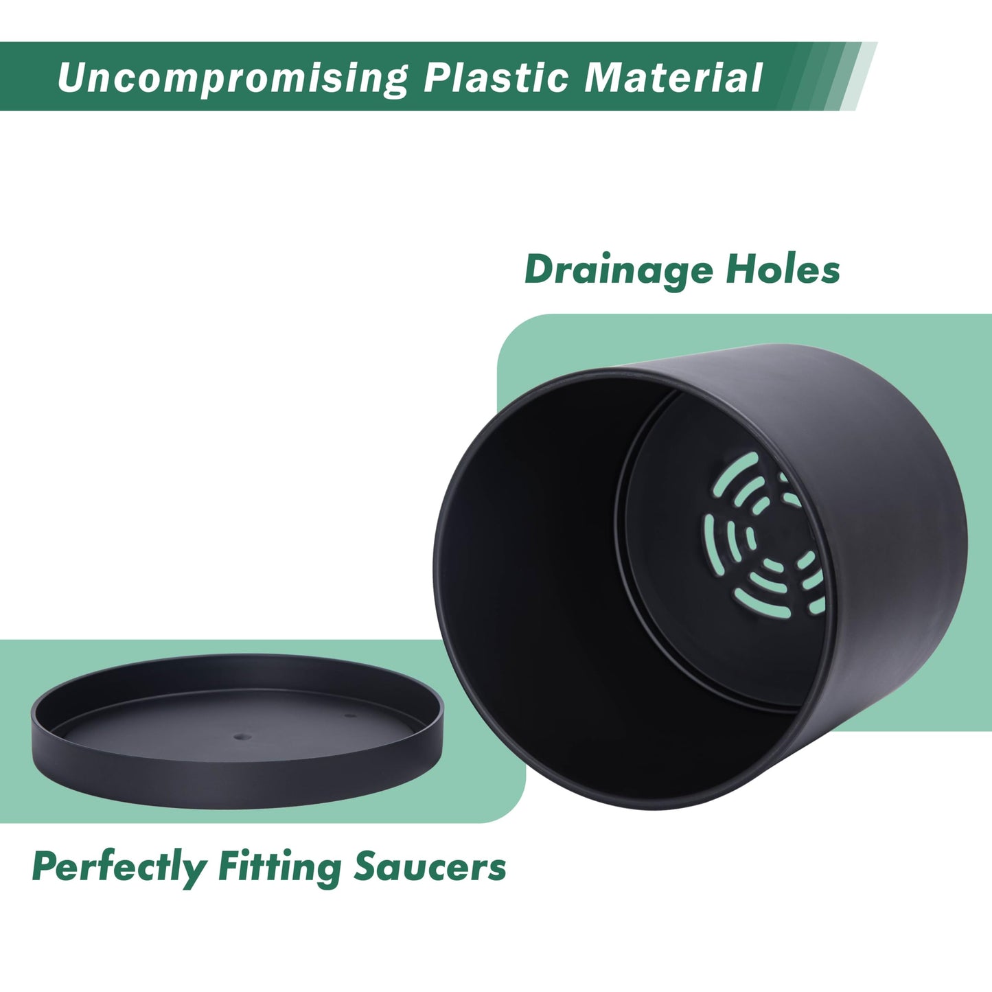 D'vine Dev 10 Inch Plastic Planter Pots for Plant Pot with Drainage Hole and Seamless Saucers, Black Color, 74-X-B-2
