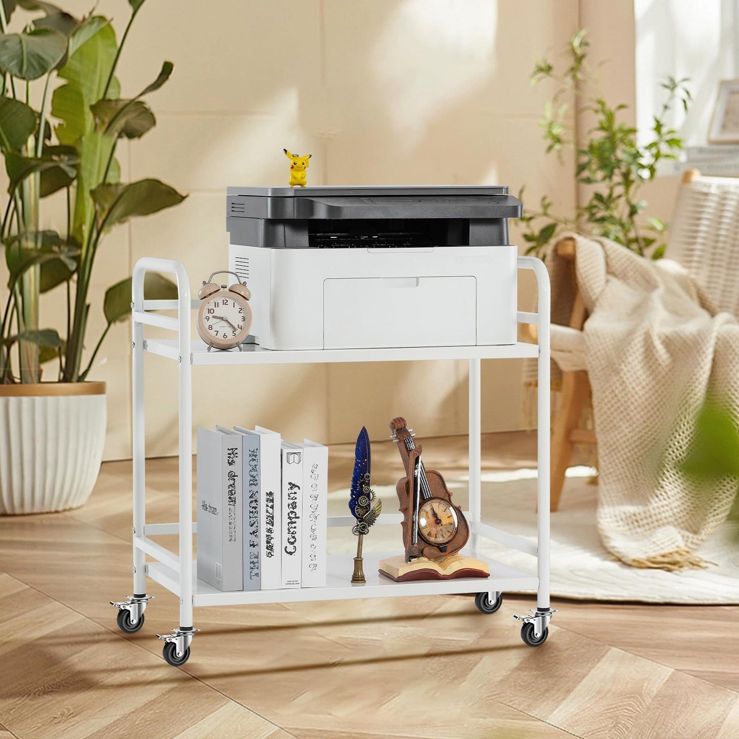 HDANI 2 Tier Under Desk Printer Stand with Storage,Microwave Storage Rack,Metal Rolling Printer Cart with Wheels for Home Office,Utility Storage Cart and Stand,White
