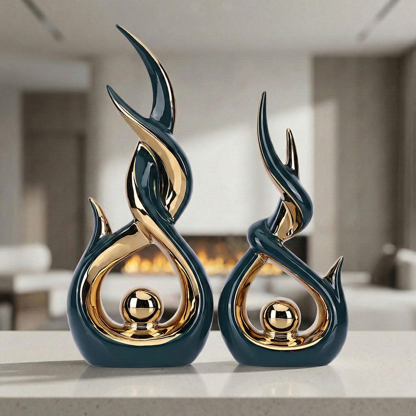 LCCCK Green and Gold Abstract Ceramic Sculpture Set of 2 Modern Electroplated Figurines Decorative Statues for Living Room Shelf Mantel Tabletop Home Decor Housewarming Gift