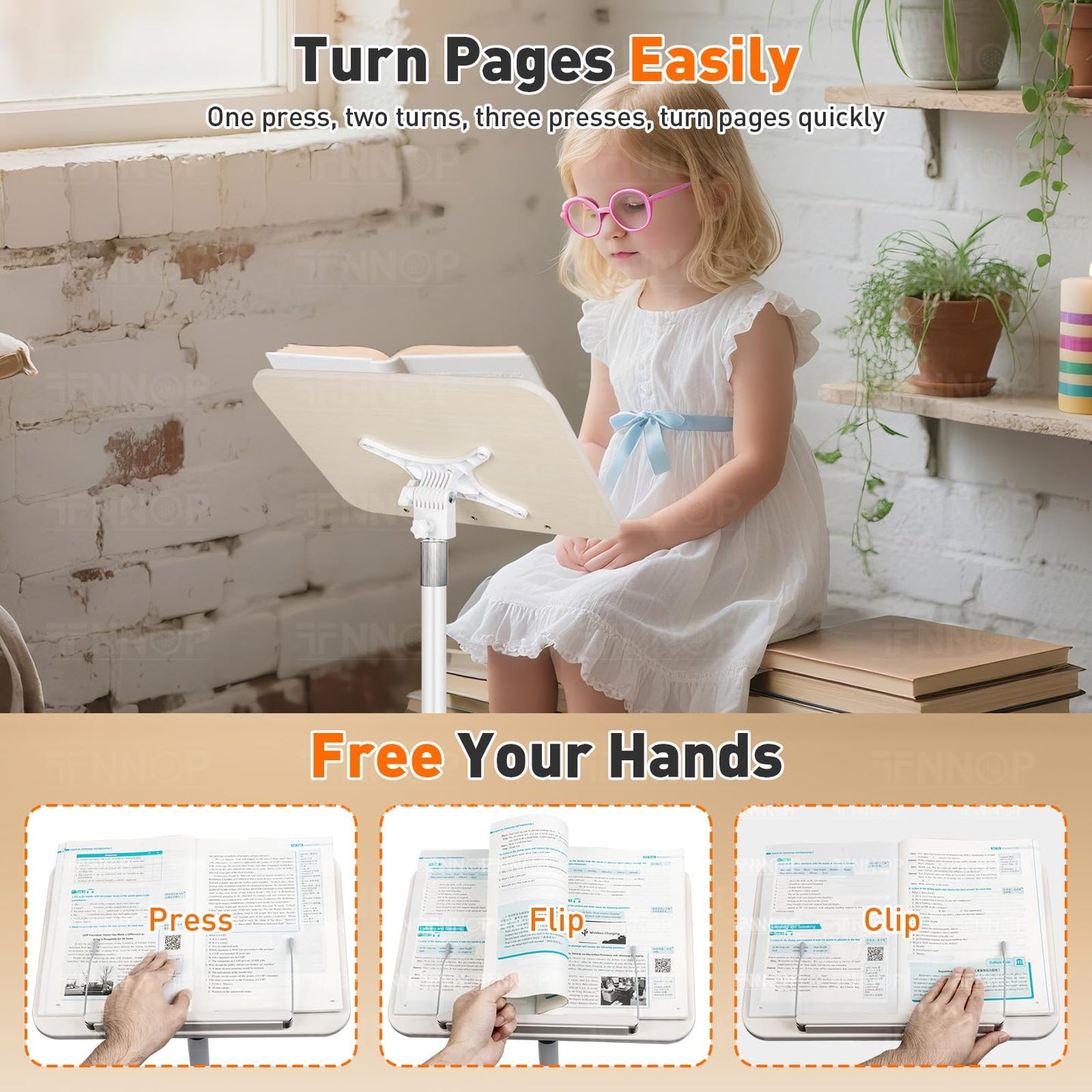 TNNOP Floor Standing Book Stand, Foldable Book Holder for Reading with Page Clips, 19"–51" Height Adjustable, Sturdy Podium Stand for Reading, Bible, Laptop, Cookbooks, or Projector