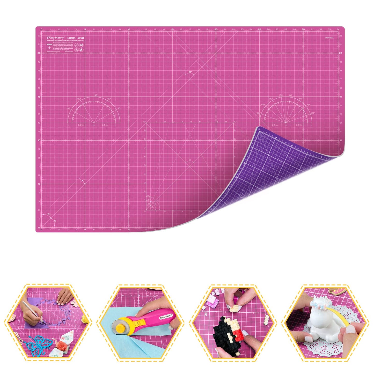 Shiny Merry Self Healing Cutting Mat A1 24"x36" Double Sided 5-Ply Craft Mat for Sewing, Quilting, Fabric, Scrapbooking Pink/Purple