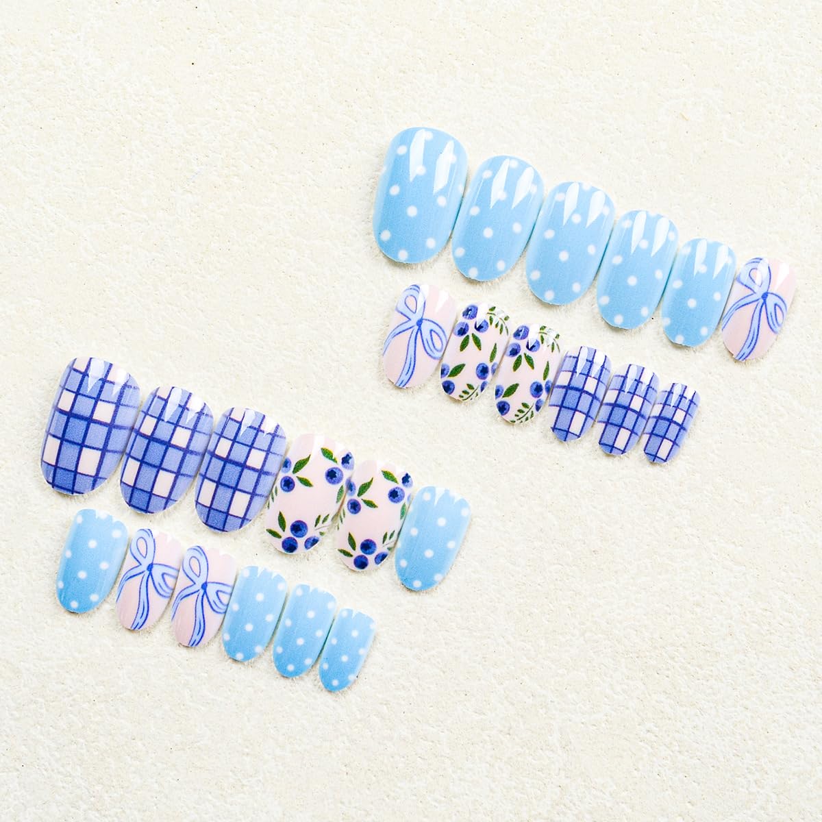 24Pcs Blue Press on Nails Short Almond - Cute Blueberry Bow Fake Nails with Plaid Polka Dot Design Glossy Spring Summer False Nails for Women DIY Manicure Reusable Stick on Nails Acrylic Nail Tips