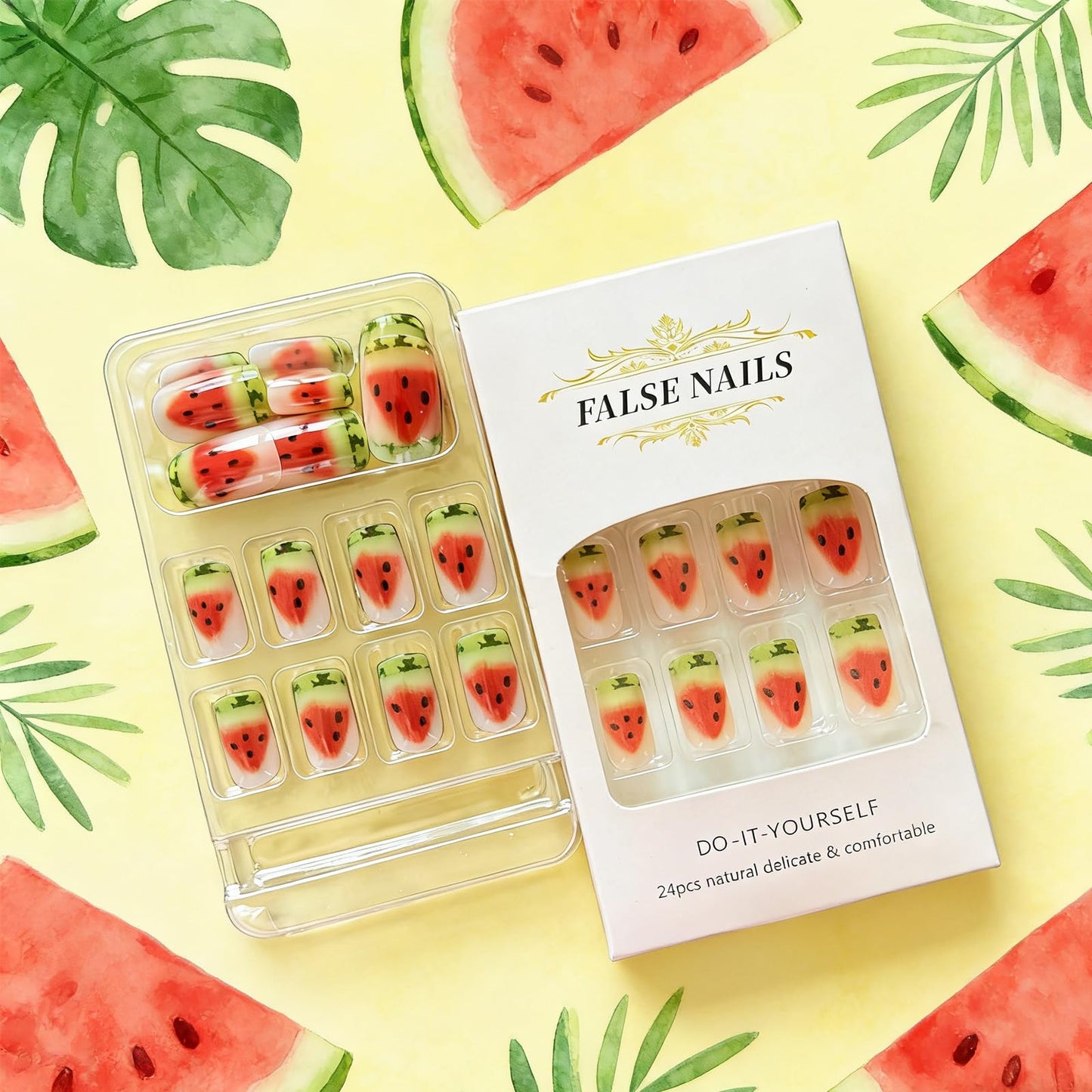 Summer Press on Nails Medium Square Watermelon Fake Nails with Cute French Tips Design Acrylic False Nail Glossy Full Cover Stick on Nail Reusable Artificial Glue on Nails for Women 24Pcs