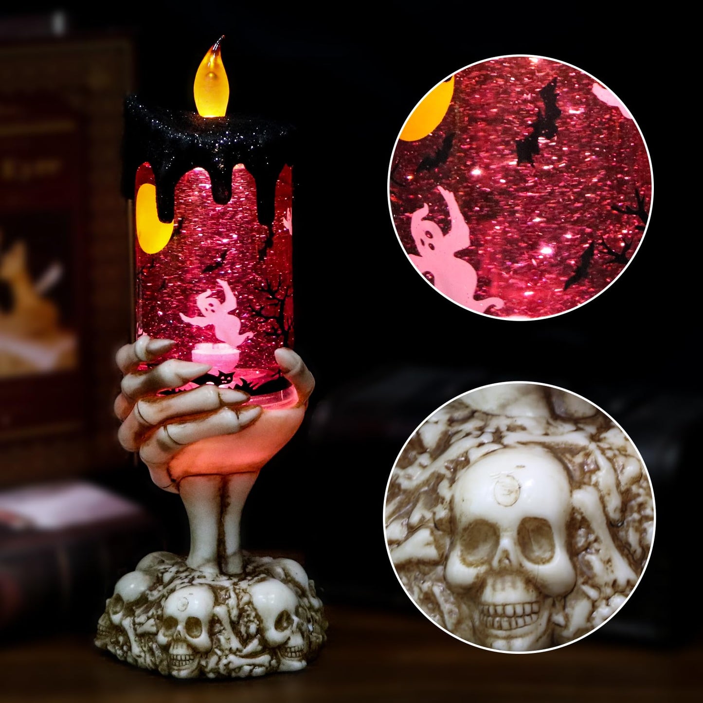 Eldnacele Halloween Snow Globe Candles Lighted Lamp USB Powered Battery Operated Spooky Spinning Water Glittering Tornado Flameless Candles Skeleton Hand Holder Halloween Centerpiece Decor(Ghost)