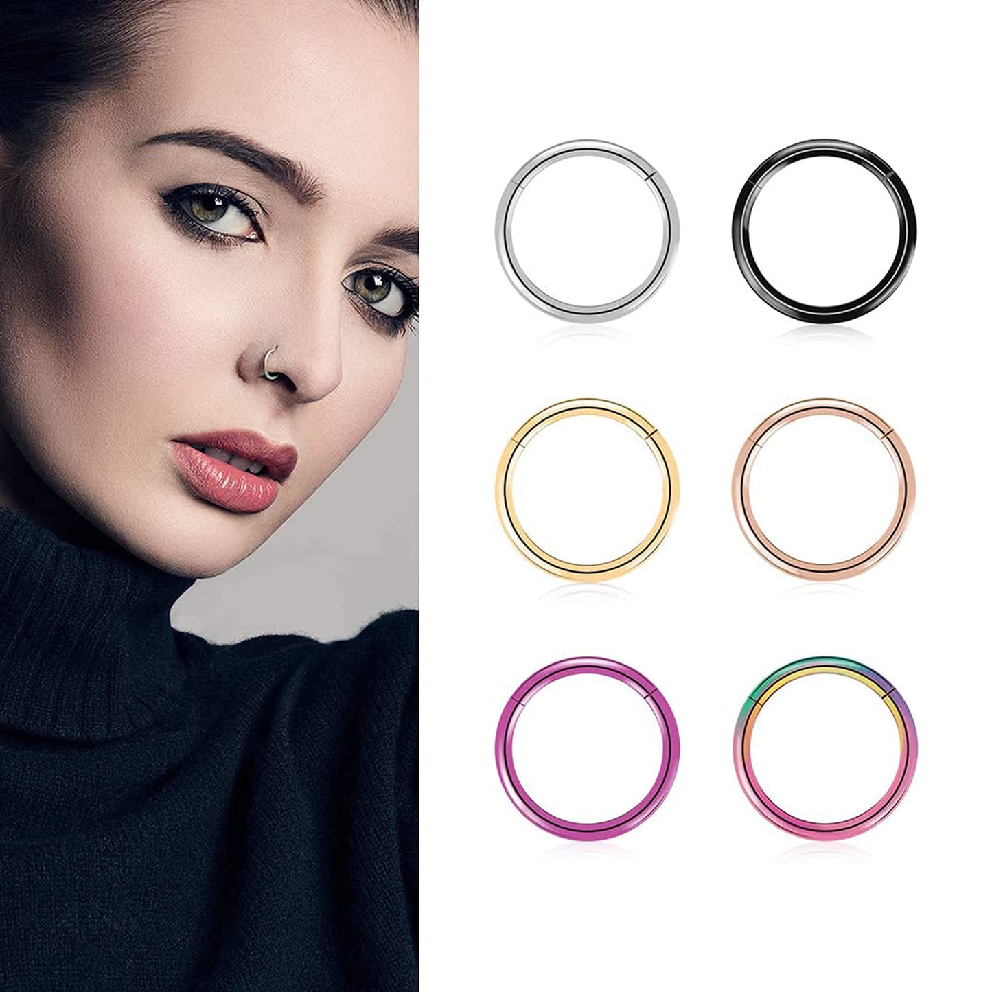 BOGKU G23 Titanium Hinged Nose Ring Hoop 18 Gauge 8mm Septum Clicker Segment Rings Hypoallergenic Nose Rings Hoops Earrings Body Piercing Hoops