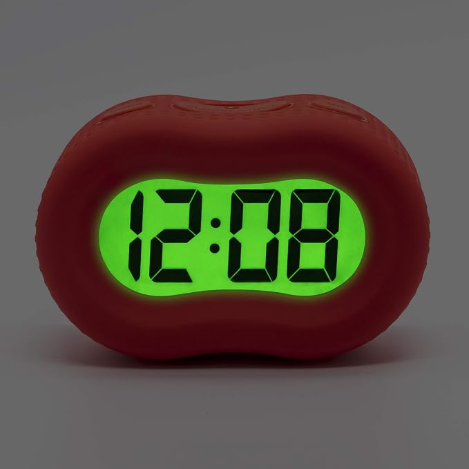 Timelink Smartlight Rubber Alarm Clock with Automatic Night Light and Large Display ?€? Easy-to-Use Digital Alarm with Snooze, Soft Rubber Case, Battery Operated, for Kids and Adults (Red)