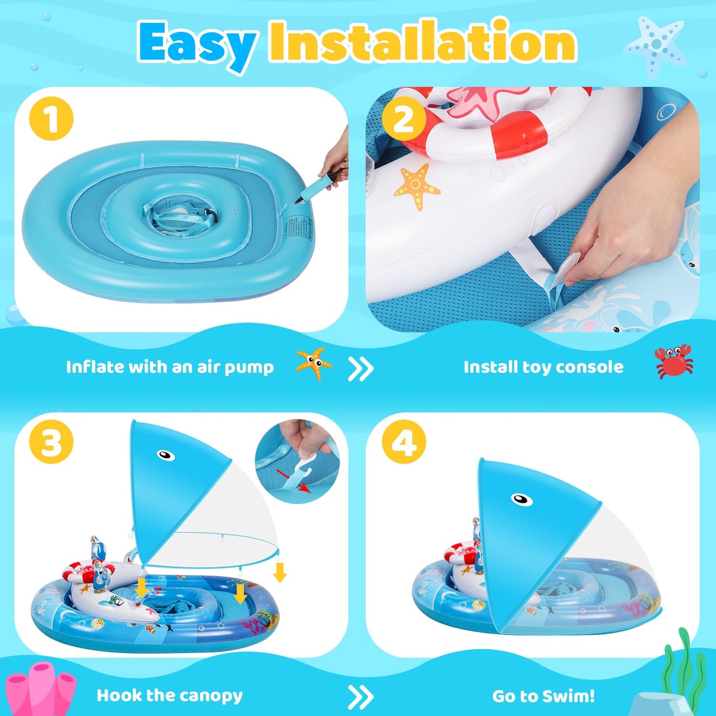 GleamJoy Baby Pool Float with UPF50+ Sun Protection Canopy, Inflatable Swimming Float for Baby 6-36 Months