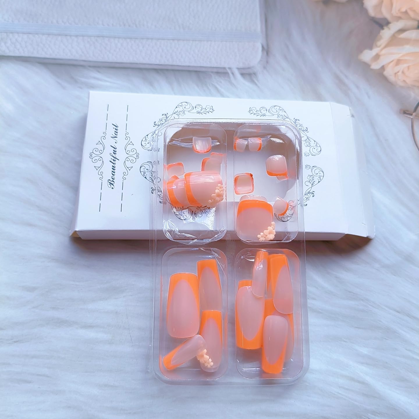 48Pcs Orange French Tip Press on Nails Short & Press on Toenails Set - Medium Fake Nails Press ons Nail Art Tips Cute Glue on Nails Full Cover Nude Fake Toe Nail Spring Flower Design Acrylic Nail Kit