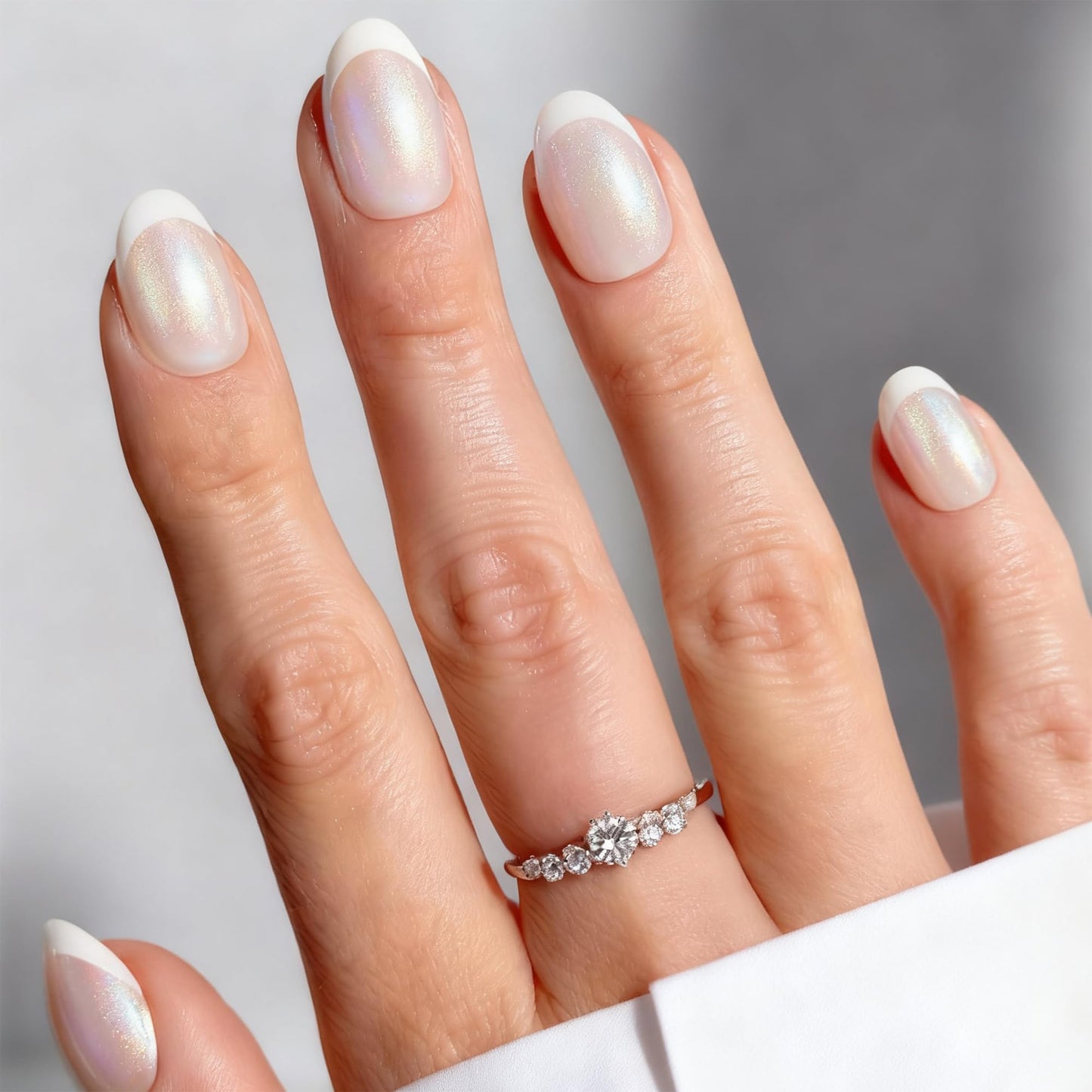 French Tip Press On Nails， Chrome Pearl White Short Reusable Stick On Nails in 12 Sizes - 24 Soft Gel Fake Nail Kit for Women