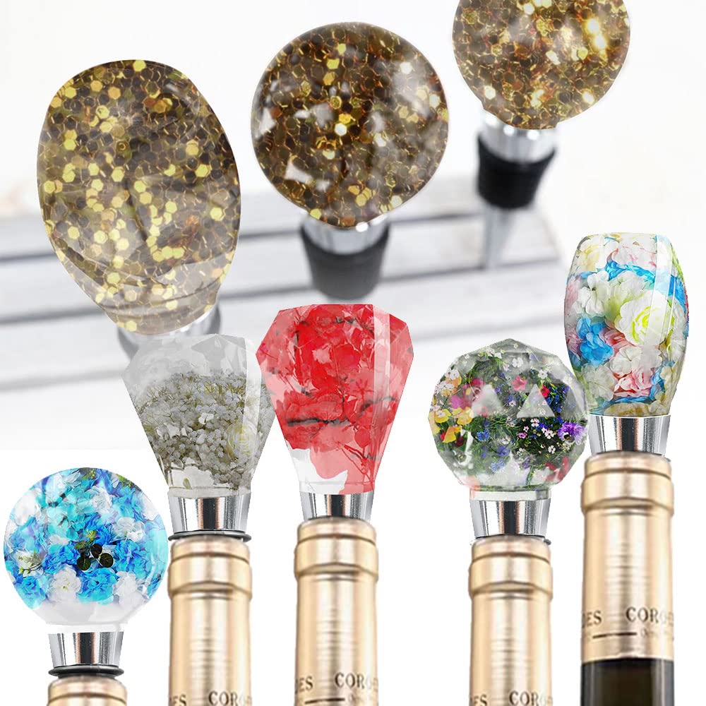 JIOFAVIU 15 Pcs Resin Wine Bottle Stopper Molds Set, Wine Stopper Silicone Molds for Epoxy Resin (5 Molds and 10 Stoppers)