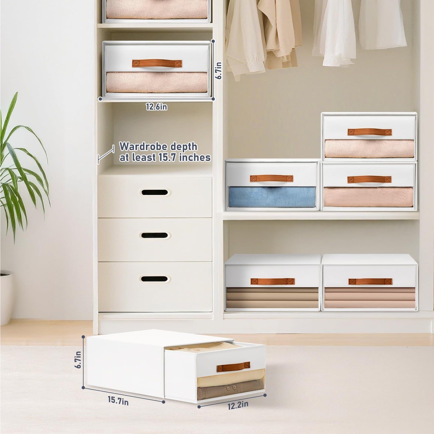 DIMJ Closet Organizers and Storage - Fabric Bins with Drawers for Closet Foldable Clothes Organizers with Clear Window, Stackable Storage Drawers Units for Bedroom, Living Room, 6-Pack, White