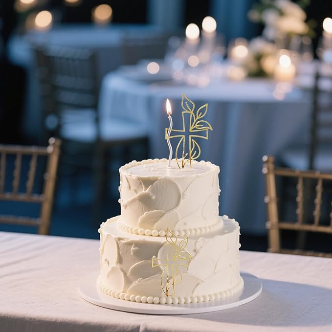 Gold Glitter Cross Baptism Cake Topper Set of 3 – God Bless Christening & Confirmation Party Decoration