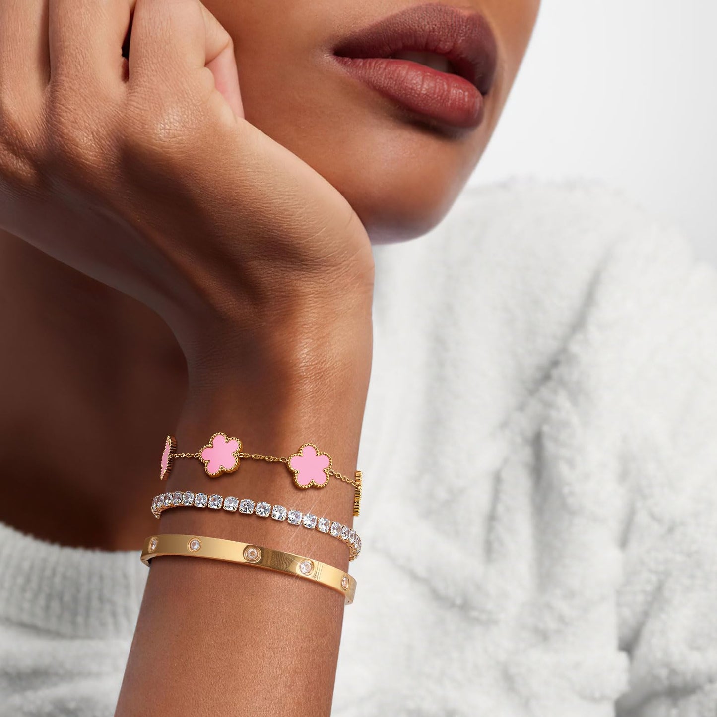 MPRAINBOW Womens Stackable Floral Bracelets, 3Pcs 18K Gold Plated Bracelet,Stainless Steel Bangle Chain Non Tarnish, Bracelet Set Trendy Jewelry,Christmas Valentines Birthday Gift for Girlfriend
