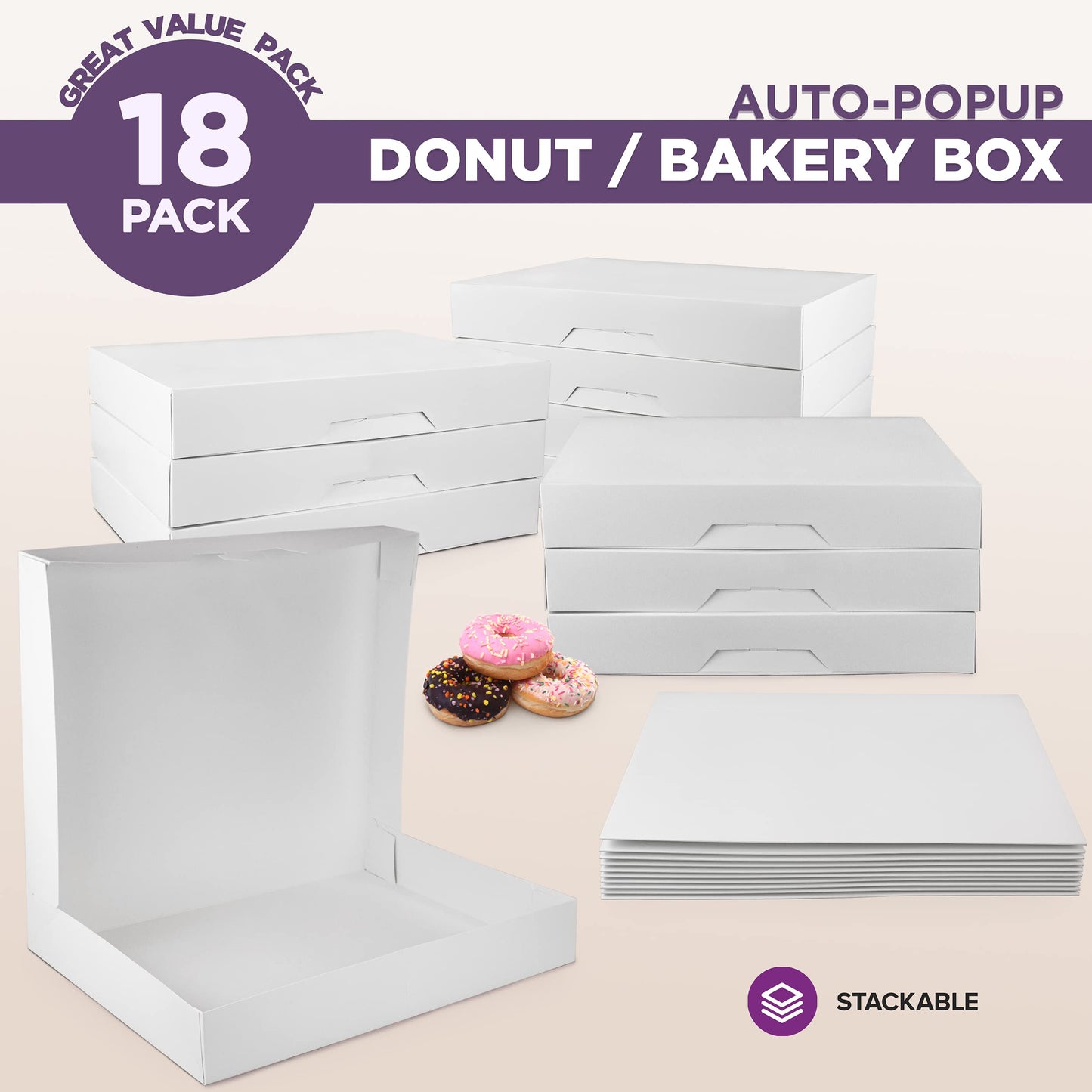 Fit Meal Prep 18 Pack 15x11.5x2.2'' White Bakery Box - Holds 12 Donuts, Auto-Popup Cardboard Gift Packaging and Baking Containers, Cookies, Brownies, Pastry and Bread Boxes