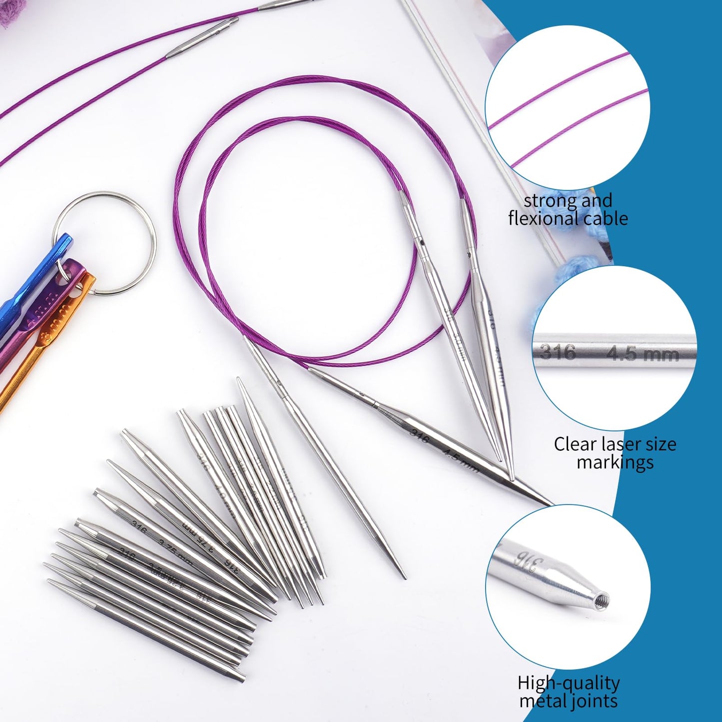 WAZAIGUR Short Interchangeable Circular Knitting Needles Set, 2-Inch Lace Circular Knitting Needles Set, Small Sizes 2.2mm, 2.5mm, 2.75mm, 3.0mm, 3.25mm, 3.5mm, 3.75mm, 4.0mm, 4.5mm, 4 Cables, 9 Pairs