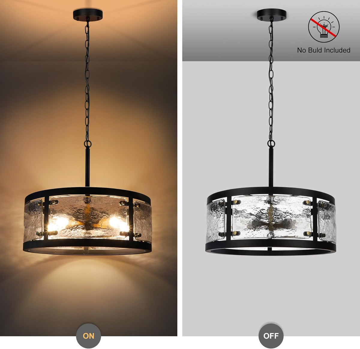 20" Farmhouse Round Black Chandelier, 5-Light Rustic Dining Room Light Fixtures Over Table, Industrial Glass Chandeliers for Dining Kitchen Living Room, Clear Waterglass Drum Shade