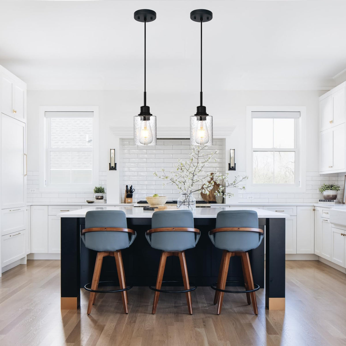 Modern Farmhouse Pendant Lighting for Kitchen Island,Industrial Dining Room Light Fixtures Hanging Over Table with Seeded Glass,2 Pack Black Pendant Lights Mini Chandeliers for Sink Bar
