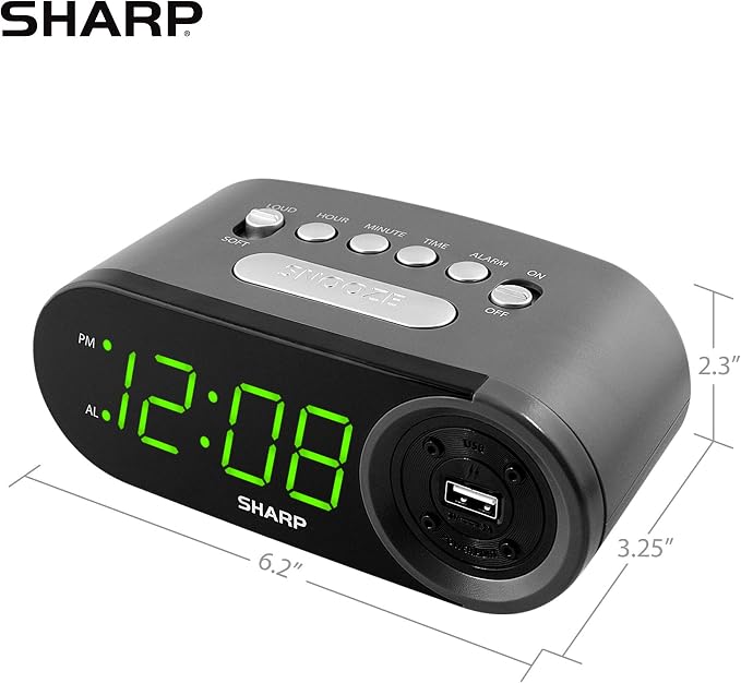 Sharp Digital Alarm Clock with 2A USB Charging and Green LED Display | 2A high-speed USB port; Easy-read green LEDs; Simple controls; Phone or tablet charging; Black