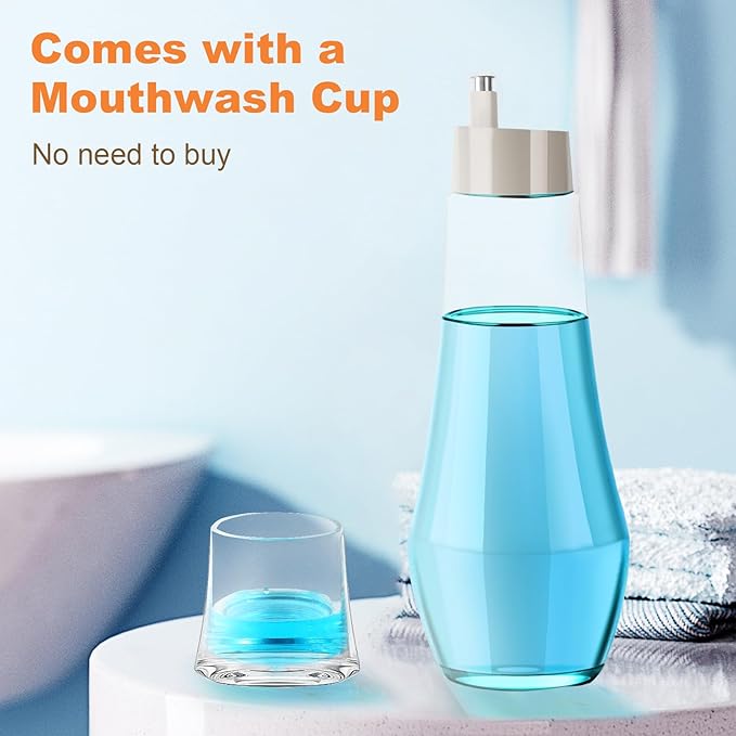 Glass Mouthwash Dispenser for Bathroom, Mouth Wash Container Bottle with Lid Cup, Small Clear Refillable Mouthwash Decanter Holder (2 Pack/ 7.5)