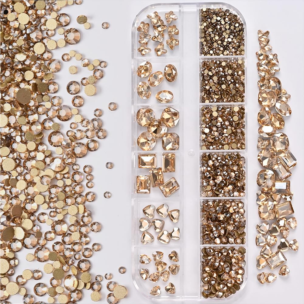 Gold Nail Charms Champagne Nail Gems 3D Clear Flatback Nail Jewels Multi Shape Size Diamonds Nail Rhinestones Shiny Mixed Size Round Hearts Crystals Gems for DIY Nails Faces Eyes Makeup Crafts 12Grid