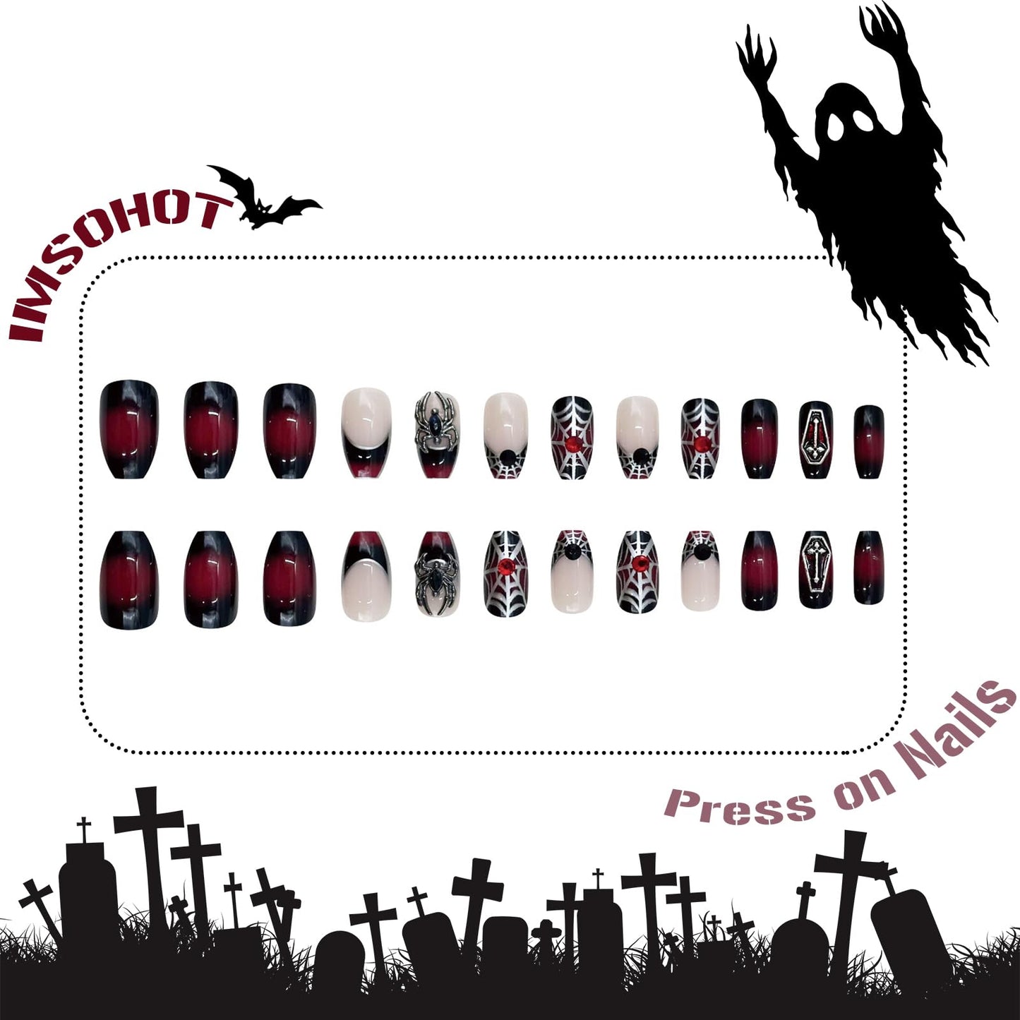 IMSOHOT Halloween Medium Coffin Press on Nails, Black Red Ombre with 3D Spider Glossy Acrylic Nails, 24PCS