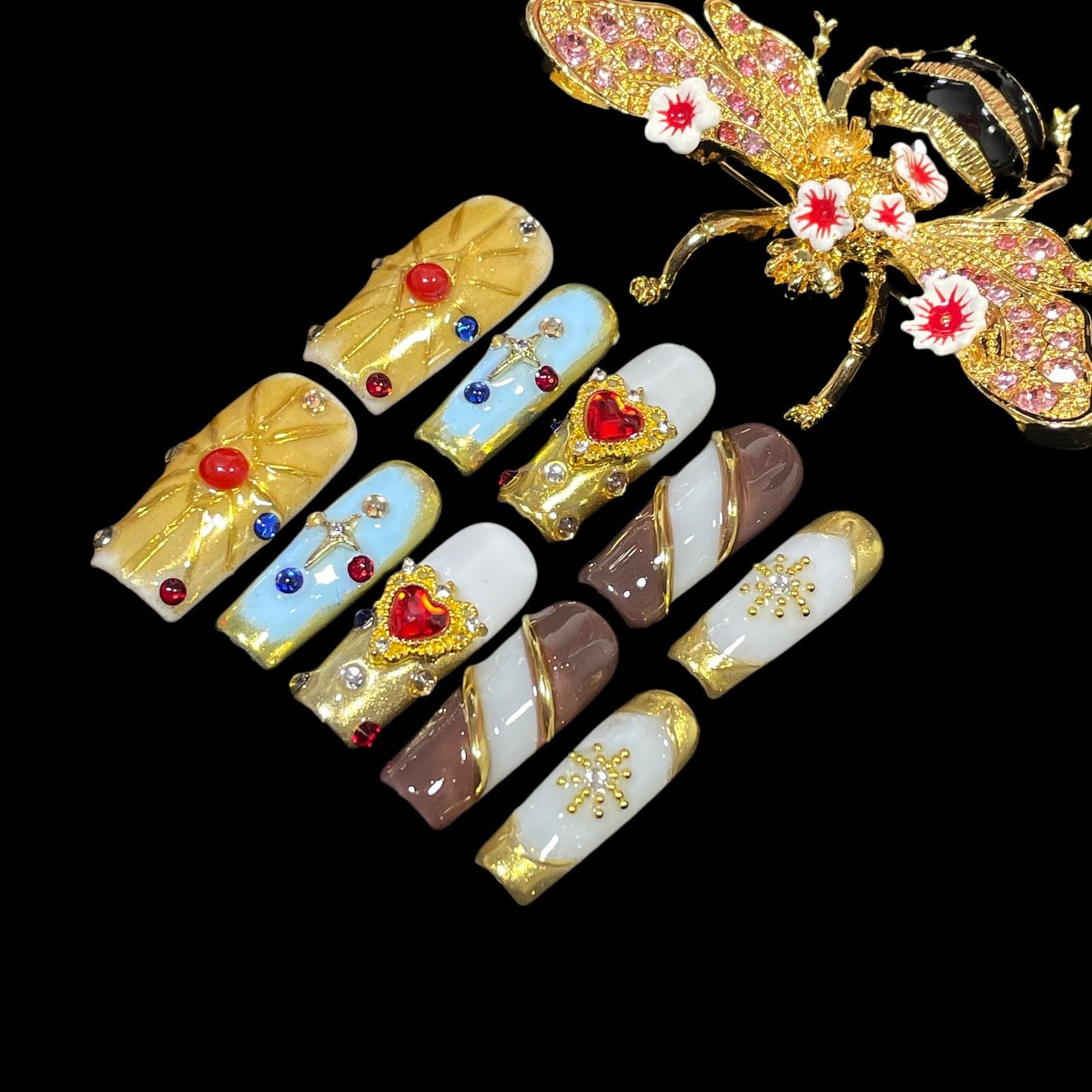 Handmade Press On Nails Middle/Long Square Luxury Acrylic Fake Nails - Vintage Red Heart & Diamond Gold Salon False Nails, 3D Press Ons Gift for Women (Luxury gold, S)