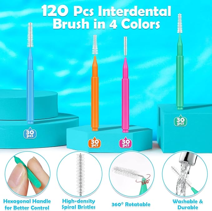 Modacraft 120Pcs Interdental Brush 4 Sizes Braces Brush Toothpicks with Soft Bristles 360° Bendable Floss Heads Dental Brushes Between Teeth Gum Braces Cleaning Kit Oral Tooth Cleaning Tool