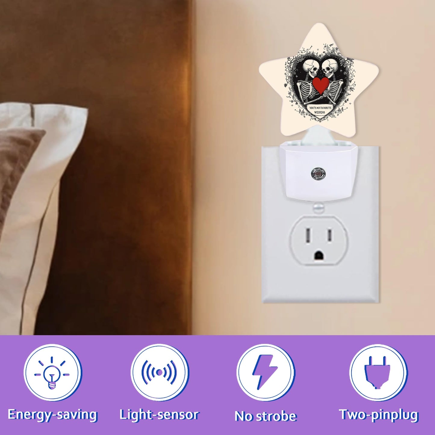 Snowmolle Gothic Skeleton Night Lights Plug Into Wall Decorative,Red Heart Sleep Friendly Lamp, Energy Efficient Dusk-to-Dawn Sensor Nightlights for Kid Bedroom Nursery Bathroom
