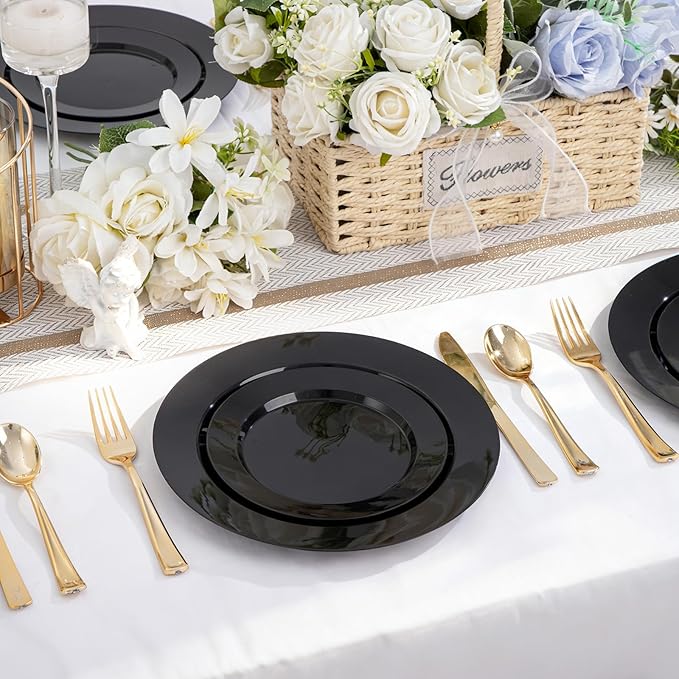 100PCS Black Plastic Plates, 10 Inch Disposable Dinner Plate Party, Heavy Duty Disposable Plastic Plates for Party, Wedding and Birthday