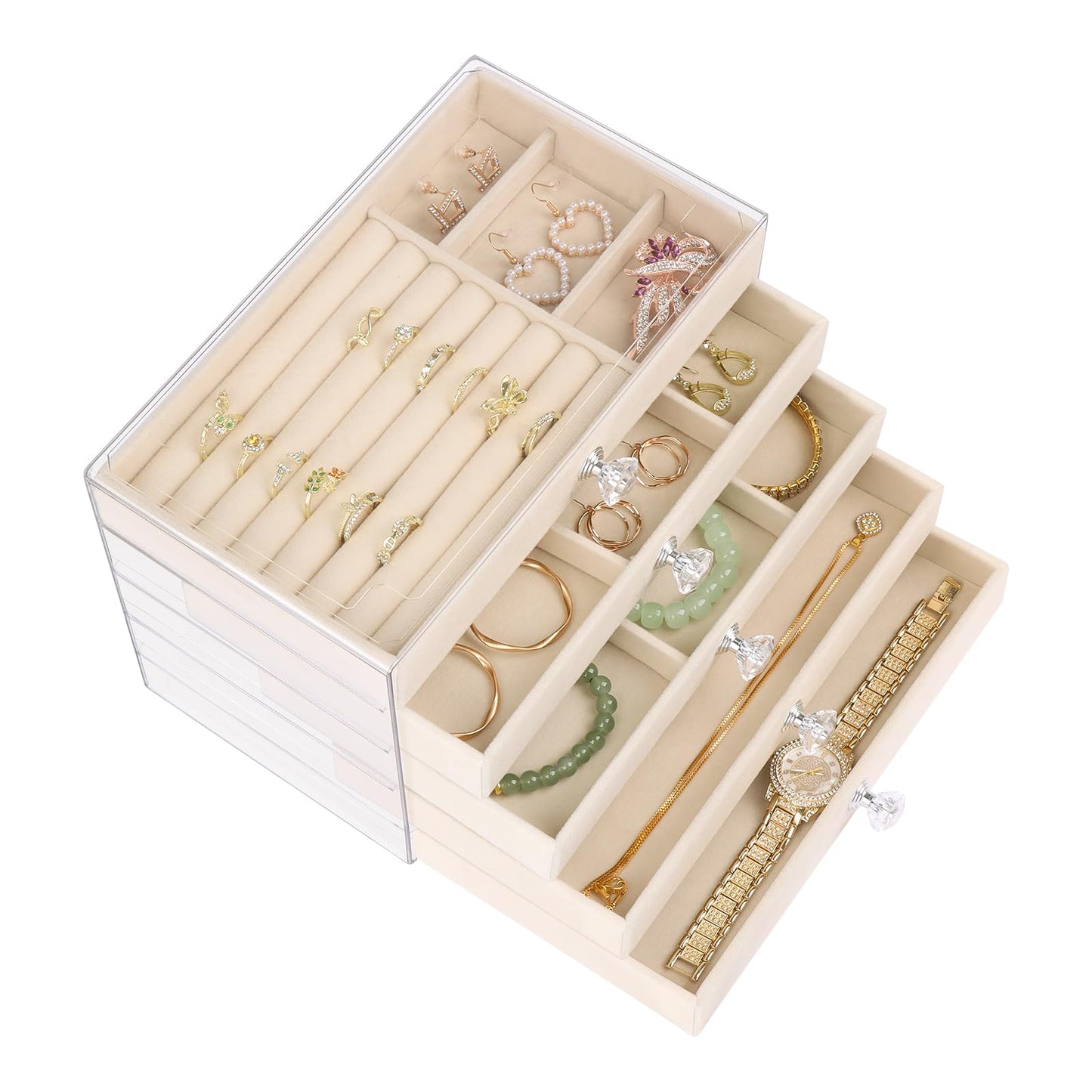 Hyber&Cara Luxury Acrylic Jewelry Box Organizer - 5 Drawers Velvet Lined Clear Stackable Storage for Earrings Necklaces Rings Bracelets Elegant Beige Dresser Top Vanity Display