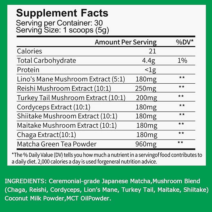 Mushroom Matcha, Ceremonial Matcha Tea Powder with 7 Superfood Mushrooms, Gluten Free, Taste Great Hot or Cold Matcha Latter - 150g 30 Serving