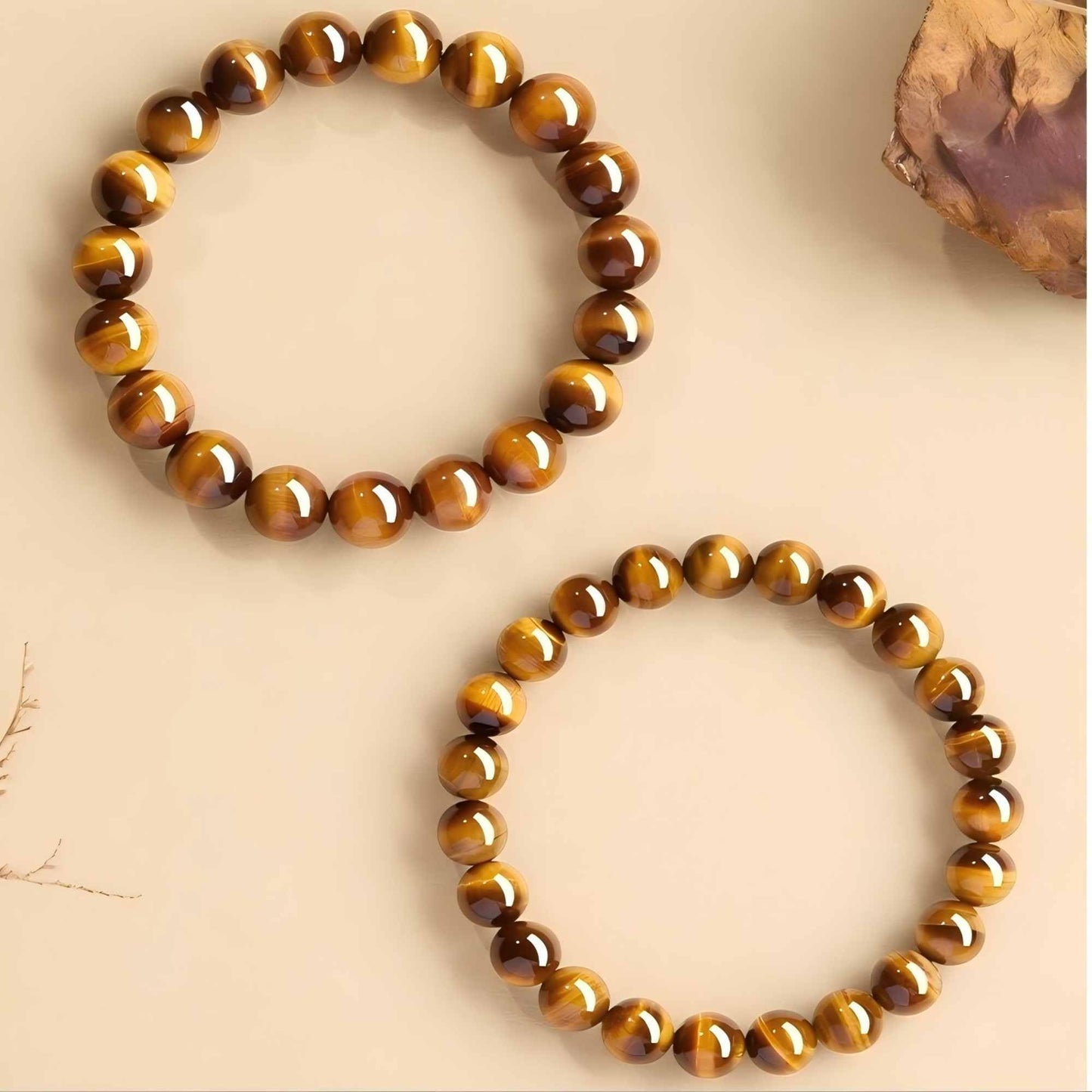 Rosolaratop Natural Tiger Eye Stone Bracelet, 8-12mm Healing Energy Gemstone Beads, Elastic Stretch Design for Yoga and Meditation (8MM)