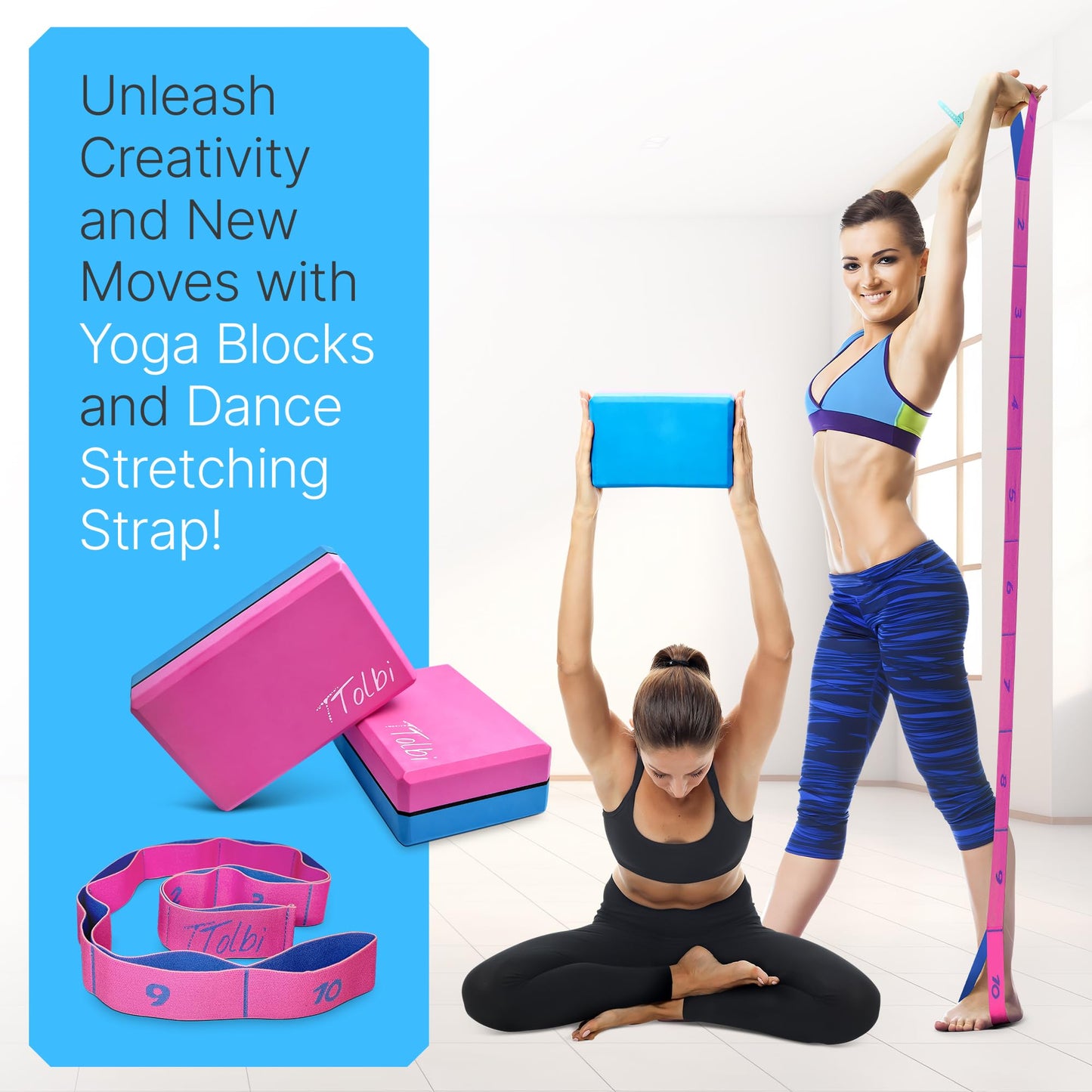 Yoga Blocks 2 Pack with Strap & Guide – Non-Slip EVA Foam Pilates Blocks for Home Workouts, Dance, Ballet, Gymnastics & Stretching Exercise | Ideal Dancer Gifts