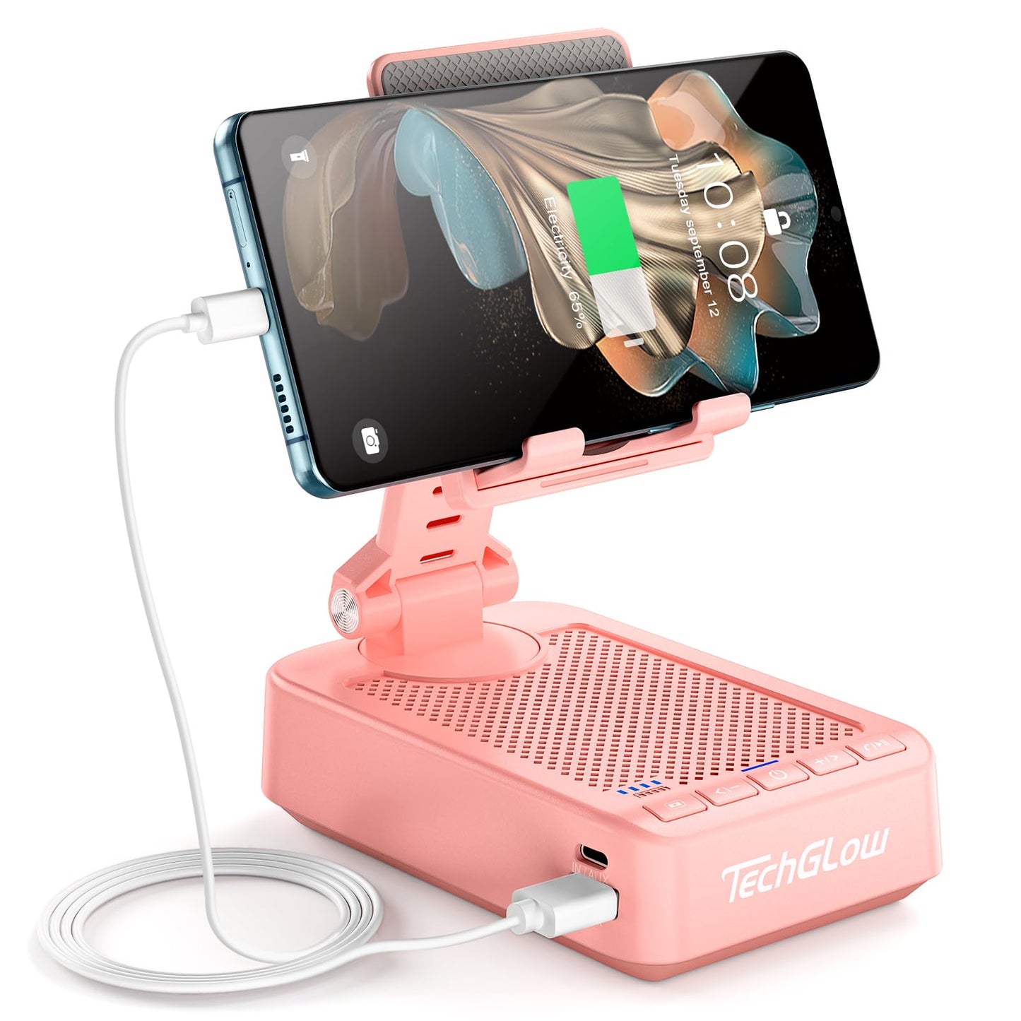 TechGlow Gifts for Men Women Foldable Cellphone Stand with Bluetooth Speaker and Charging Function 360° Rotatable Phone Stand Birthday Gift Idea for Mom Dad Cool Tech Gifts-Pink