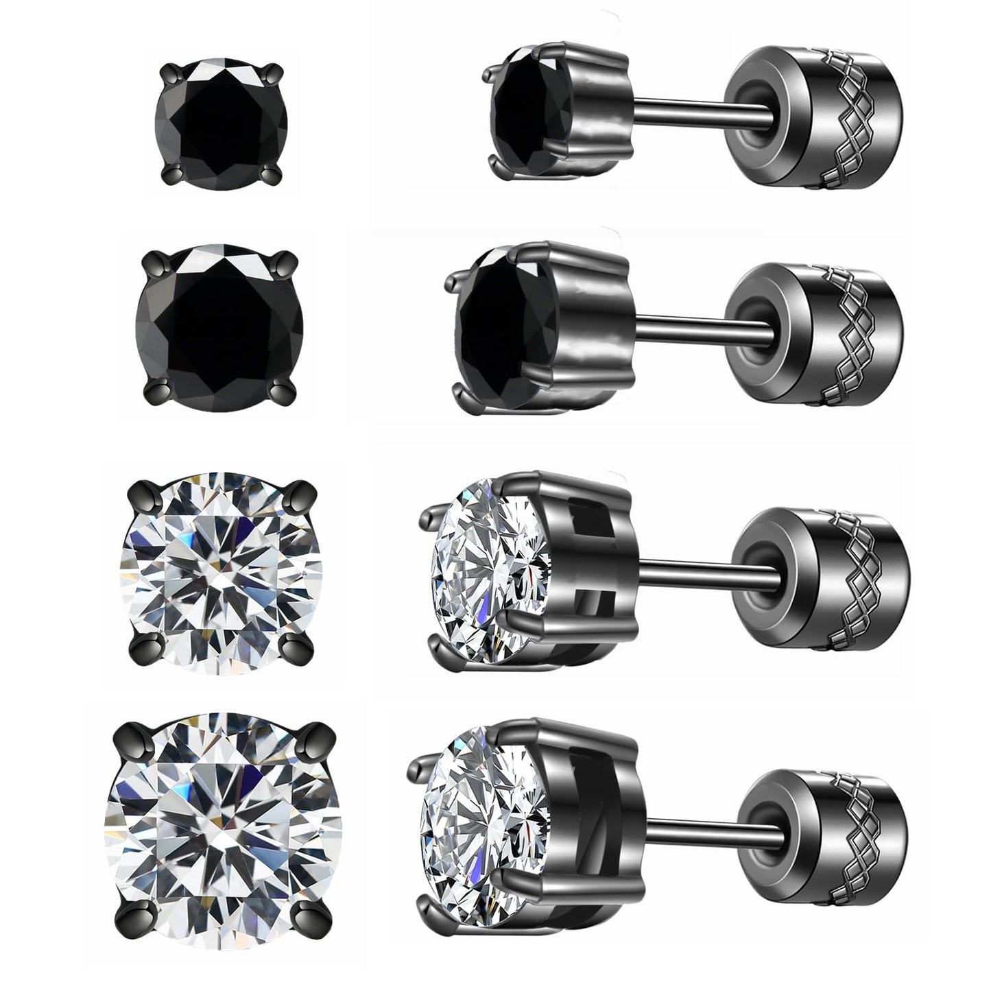 Hopply 4 Pairs Titanium Screw Back Surgical Stainless Steel Earrings for Women Men,Rainbow 5A Cubic Zirconia Studs Double Side Earrings Piercing Sleeper Jewelry 6mm (Black/Silver CZ 3-6mm)