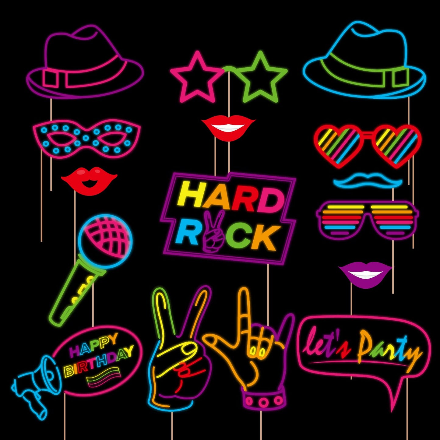 KEPATO 16 Pcs Glow Neon Photo Booth Props with Stick Fluorescent Neon Party Supplies for Birthday Disco Black Light Party ﻿