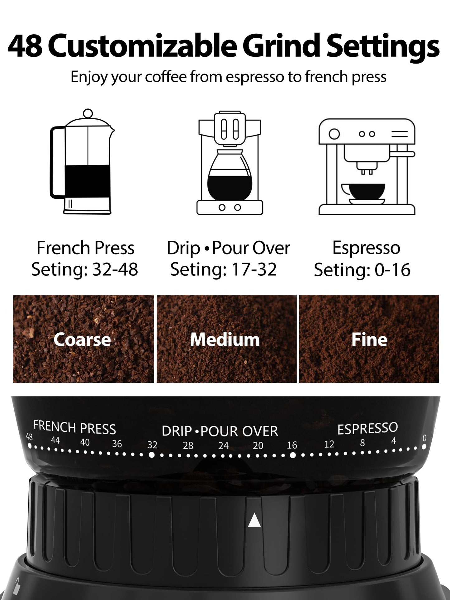 Aromaster Burr Coffee Grinder with 48 Gind Settings, Conical Coffee Bean Grinder for Home Use,Stainless Steel,40 Seconds Adjustable Timer,Anti-static,Easy to Clean with Brush