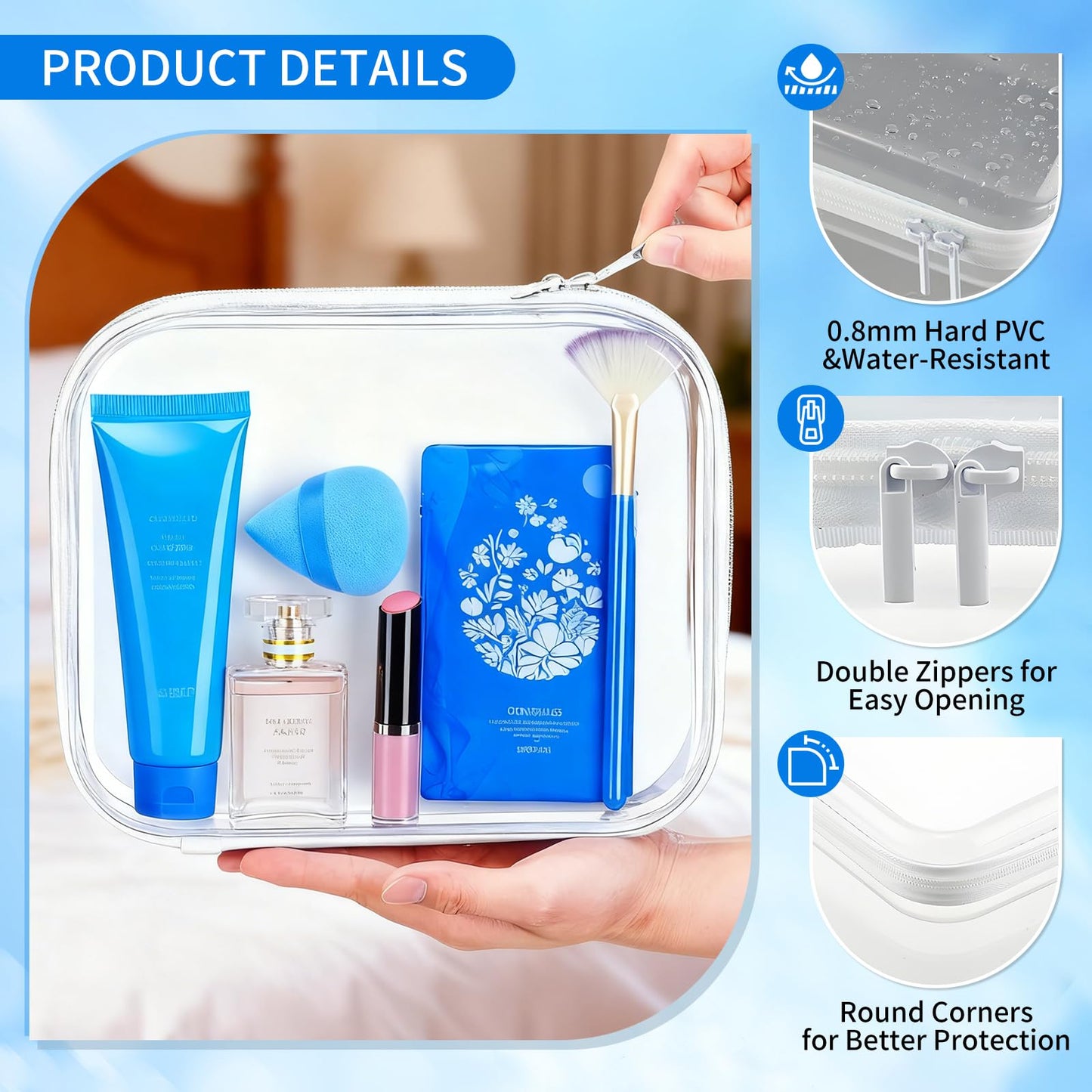 TQXOFDV Clear PET Plastic Storage Boxes with Double Zippers, 4 Sizes (S/M/L/XL) Waterproof Organizer Cases for Toys, Cosmetics, Snacks, Travel Essentials (White)