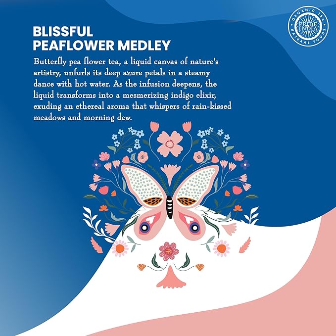 Pride of India | Blue Sapphire: Butterfly Pea Flower Tea 1 oz (28.3 gm) | 100% Pure Butterfly Pea Flower | Mild, Earthy Flavor & Subtle Floral Flavor | Premium Pyramid Nylon Tea Bags