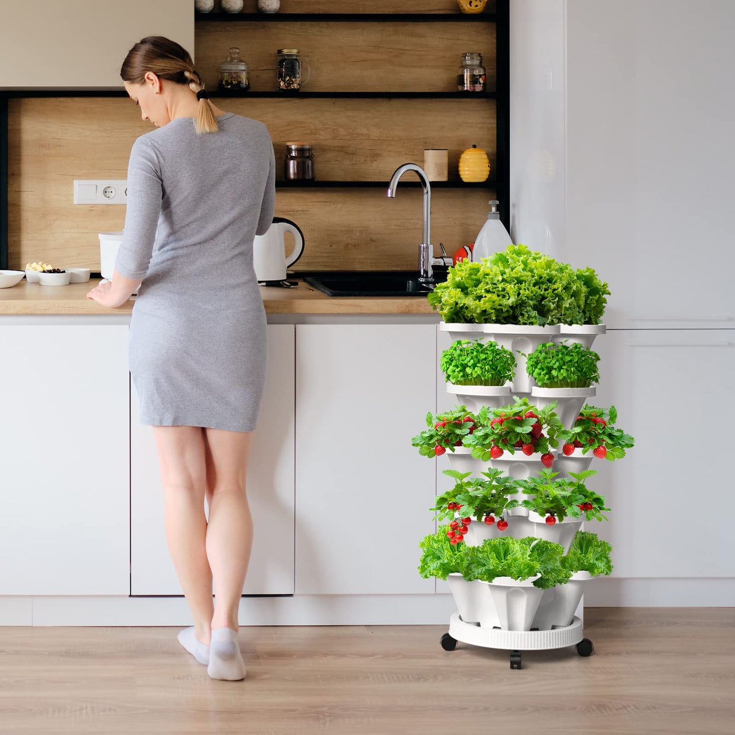 Tectsia Strawberry Vertical Planter 2 Pack, 7 Tiered Stacking Garden Tower, Stackable Herb Vegetable Planters with Support Pole Indoor Outdoor Black