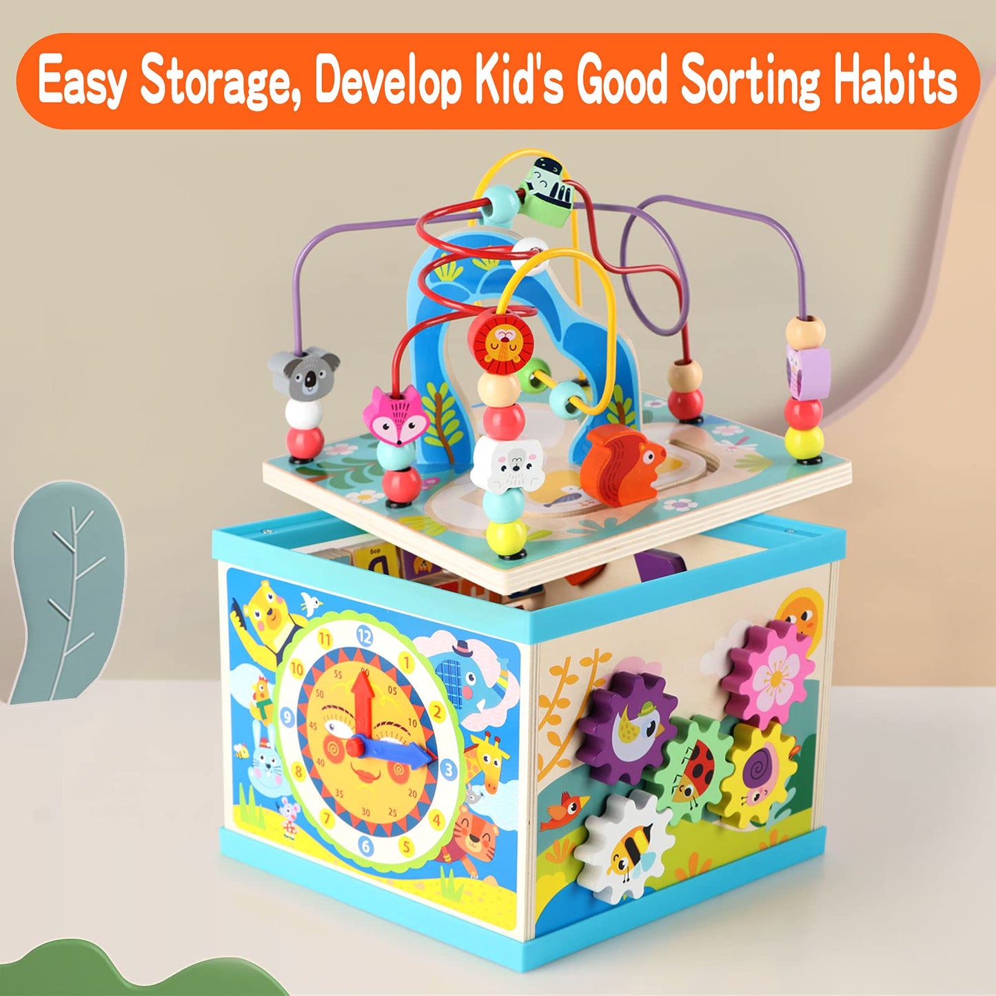 Qilay Wooden Activity Cube for Toddlers (Large), 5 in 1 Multipurpose ABC-123 Abacus Bead Maze Shape Sorter | Early Educational Toy for Toddlers - First Birthday Present for Boys Girls