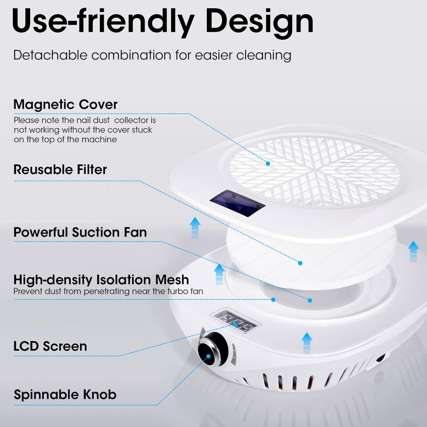 Gellen Nail Dust Collector with LED Display, 4000RPM Powerful Suction Vacuum Fan with Reusable Filter, Soft Ergonomic Shell Nail Vacuum Cleaner for Acrylic Nail Tech, Home & Salon