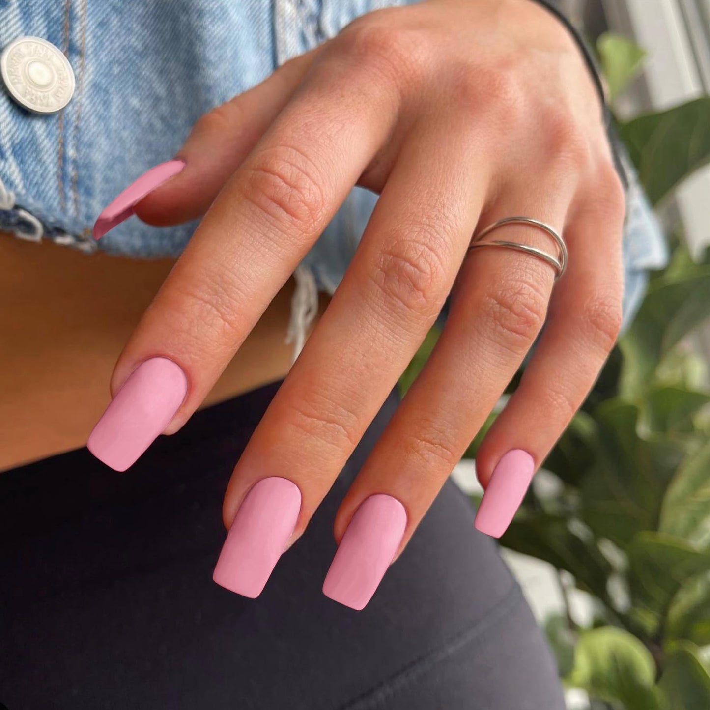 Matte Pink Press On Nails Medium Long Square, Xcreando Medium Coffin Nails Acrylic Press ons Glue on Nails, Solid Color Fake Nail for Women, Natural Thick Artificial Stick on
