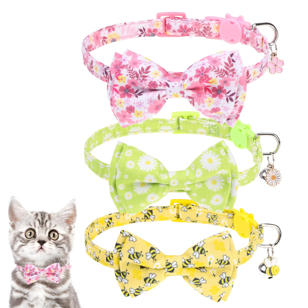 KOOLTAIL Easter Cat Collars Breakaway with Bowtie and Bells,3 Pack Adjustable Fancy Kitten Collar with Safety Buckle for Girls Boys Kitty,Cute Cat Charm Pendant Holiday