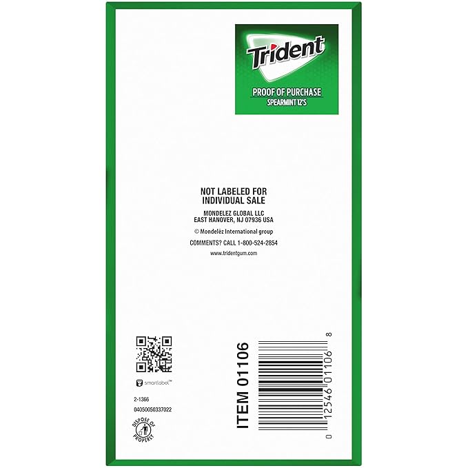 Trident Spearmint Sugar-Free Chewing Gum, 12 Packs of 14 Pieces (168 Total Pieces)