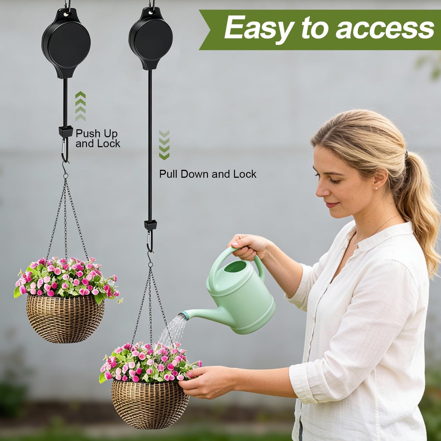TERVEEX Retractable Plant Hanger with Pulley System, Effortless Raising and Lowering for Indoor and Outdoor Plants, Hanging Planters, Garden Pots & Bird Feeders (4-Pack,Black)
